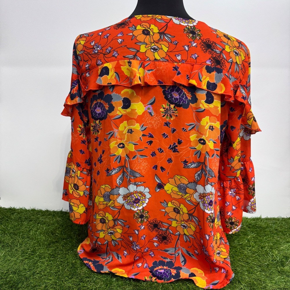 Sunny Leigh Blouse Womens XL Orange Floral Ruffle Bell Sleeve Round Neck Top - Picture 4 of 10